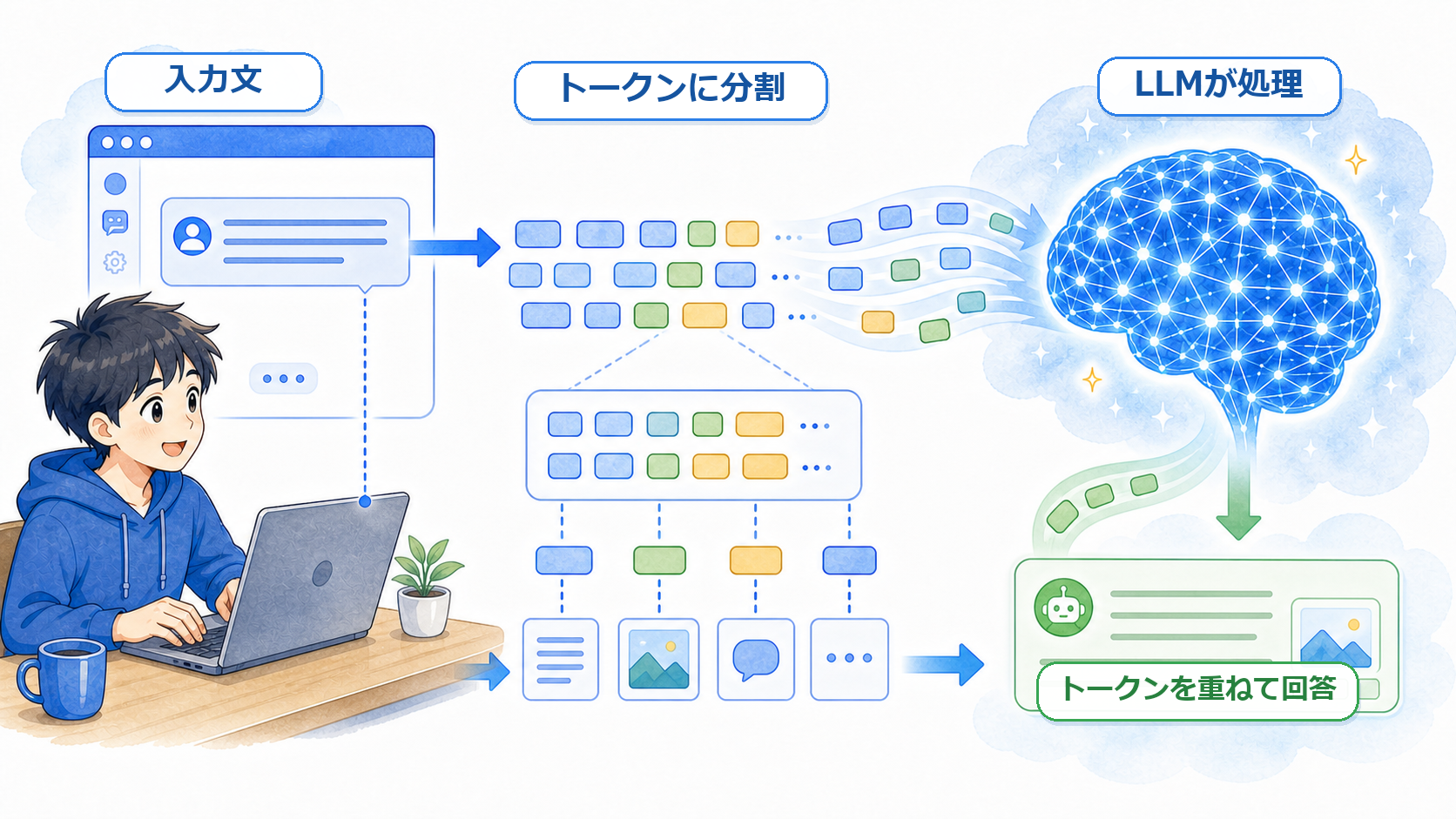 入力された文章が小さなトークンへ分割され、LLMで処理された後に回答として返る様子