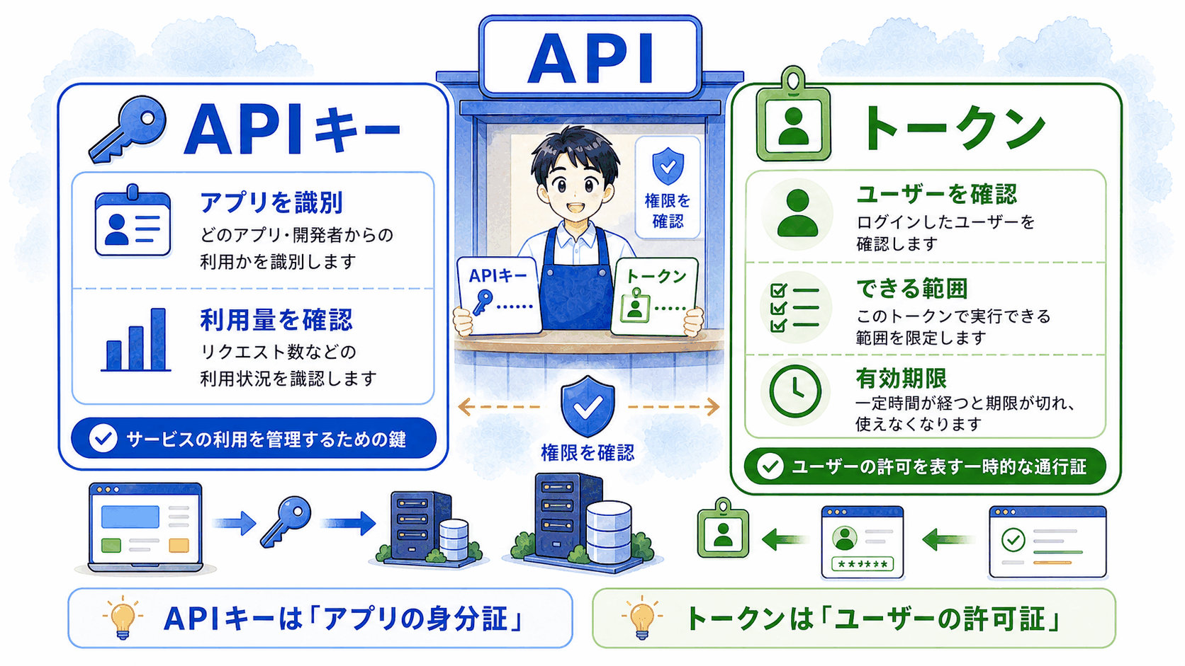 APIキーはアプリの身分証、トークンはユーザーの許可証としてAPIが権限を確認する違いを示した図解