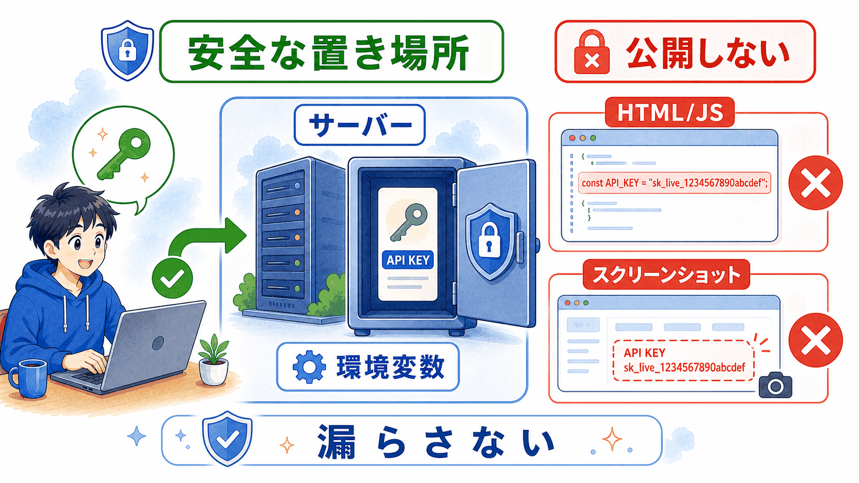 APIキーはサーバーや環境変数に置き、HTMLやJavaScript、スクリーンショットでは公開しないことを示した図解