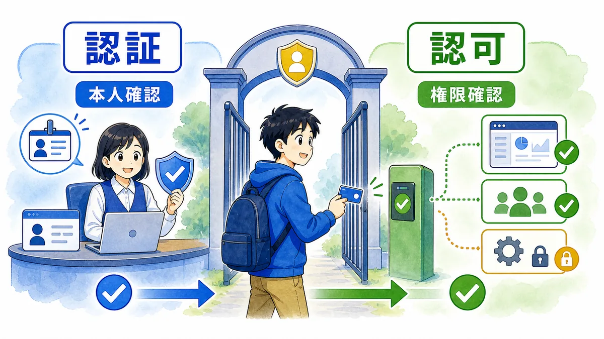 認証で本人確認を行い、認可で使える機能や画面の権限を確認する流れ