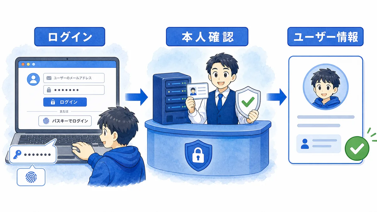 ログイン情報を使って本人確認を行い、ユーザー情報を取得する認証の流れ