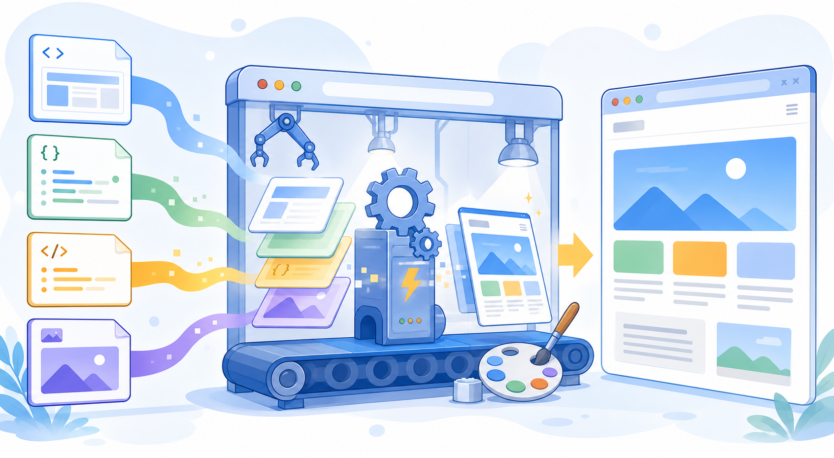 HTML、CSS、JavaScript、画像をブラウザが処理してWebページとして描画する様子