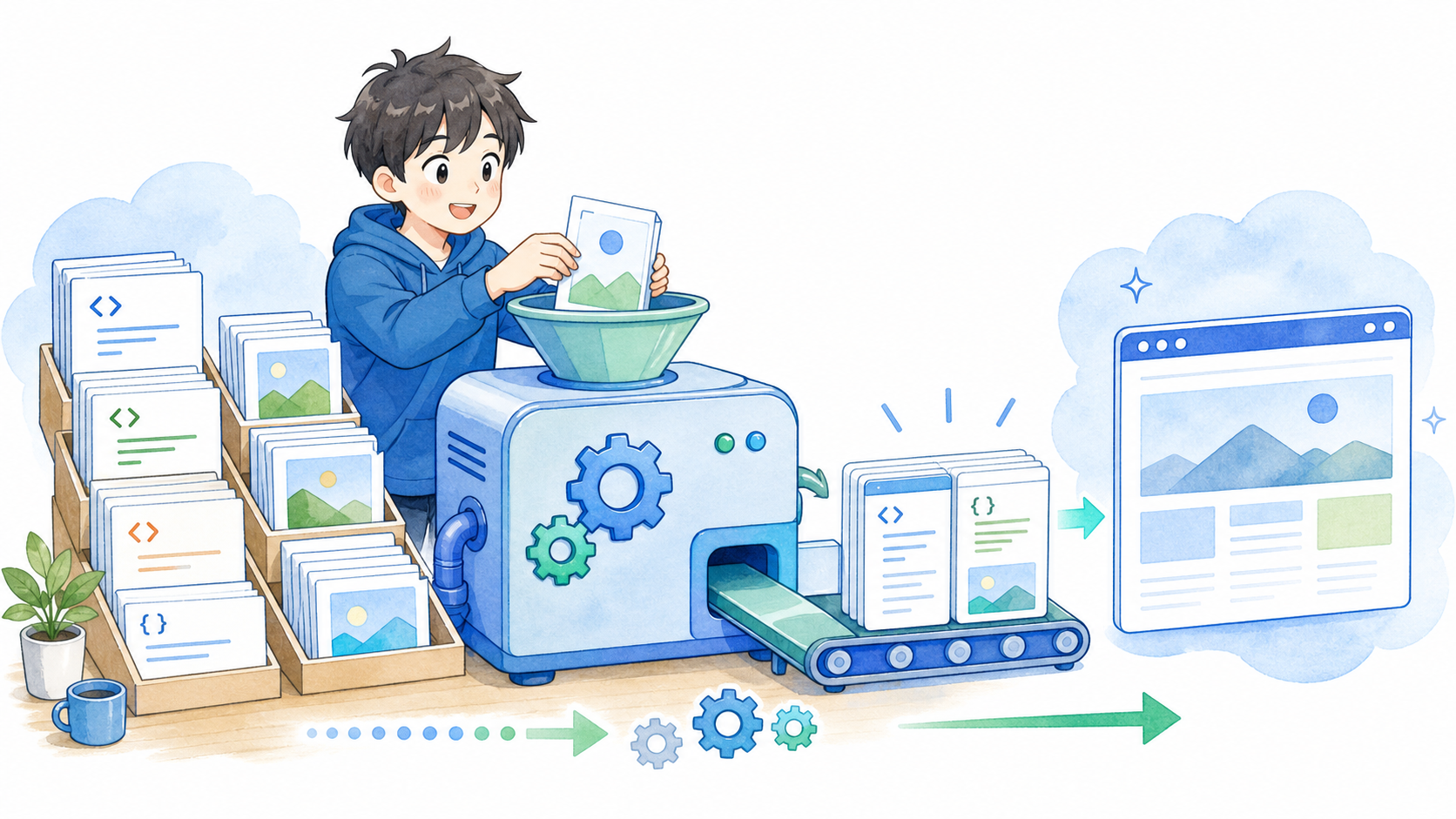 複数の開発用ファイルを処理機械へ入れ、整理された配信用ファイルを作る様子