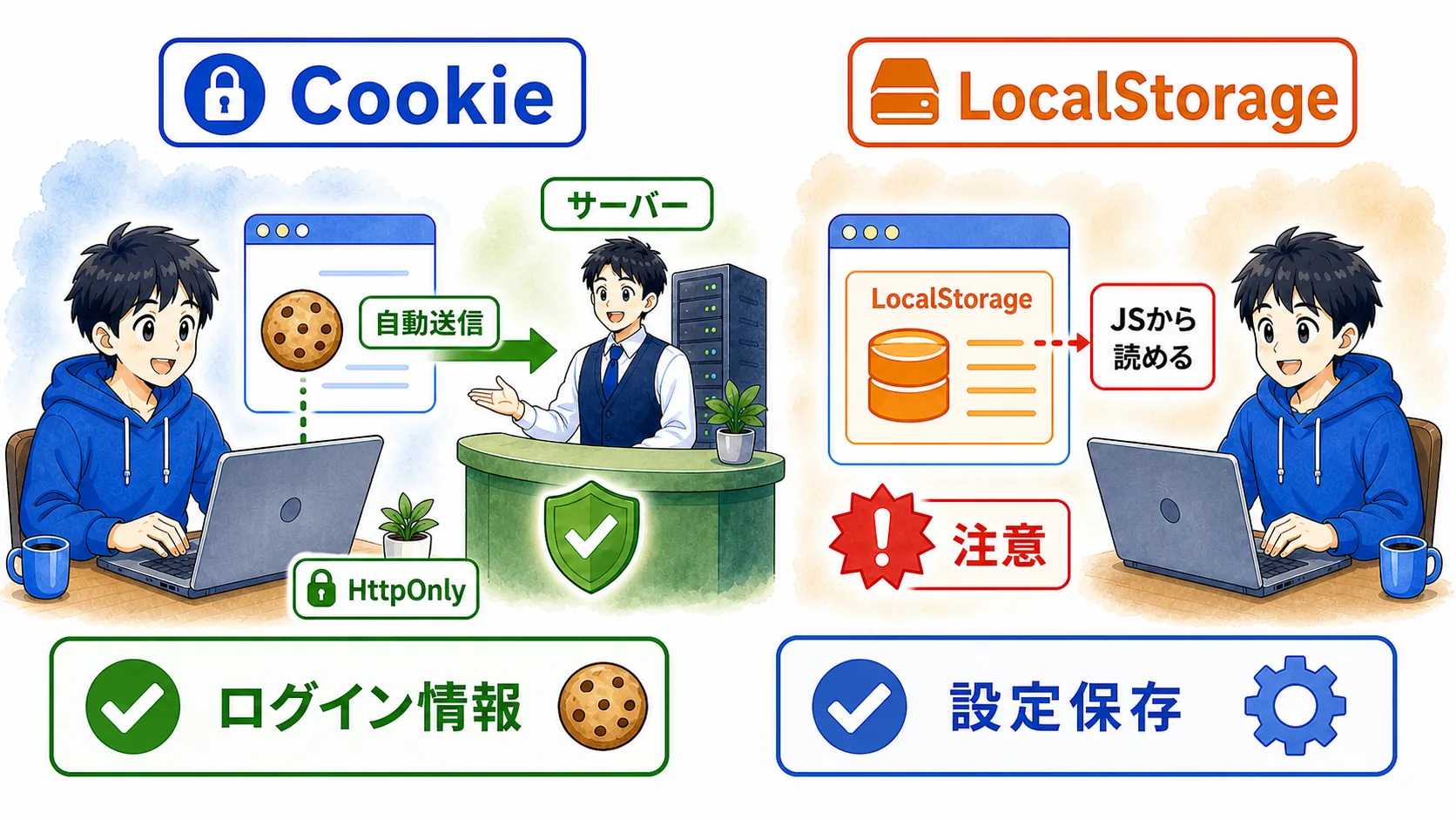 CookieはHttpOnlyでサーバーと連携し、LocalStorageはJavaScriptから読めるため注意が必要なことを比較した図