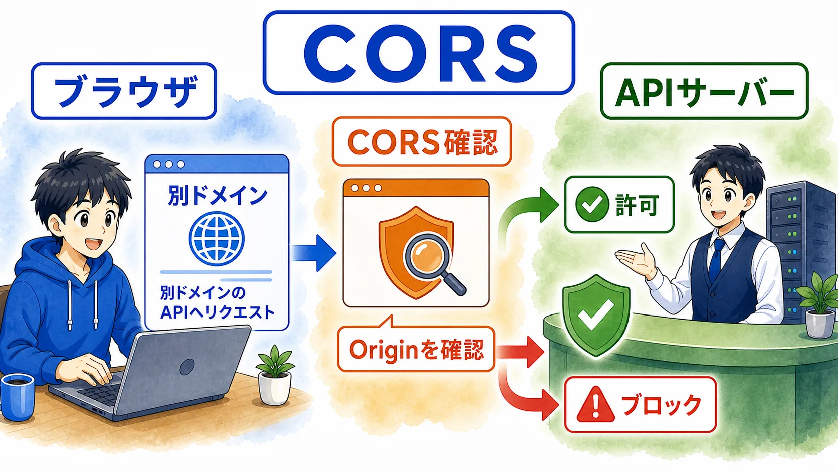 ブラウザが別ドメインのAPIへリクエストし、サーバーがOriginを確認して許可またはブロックする流れ