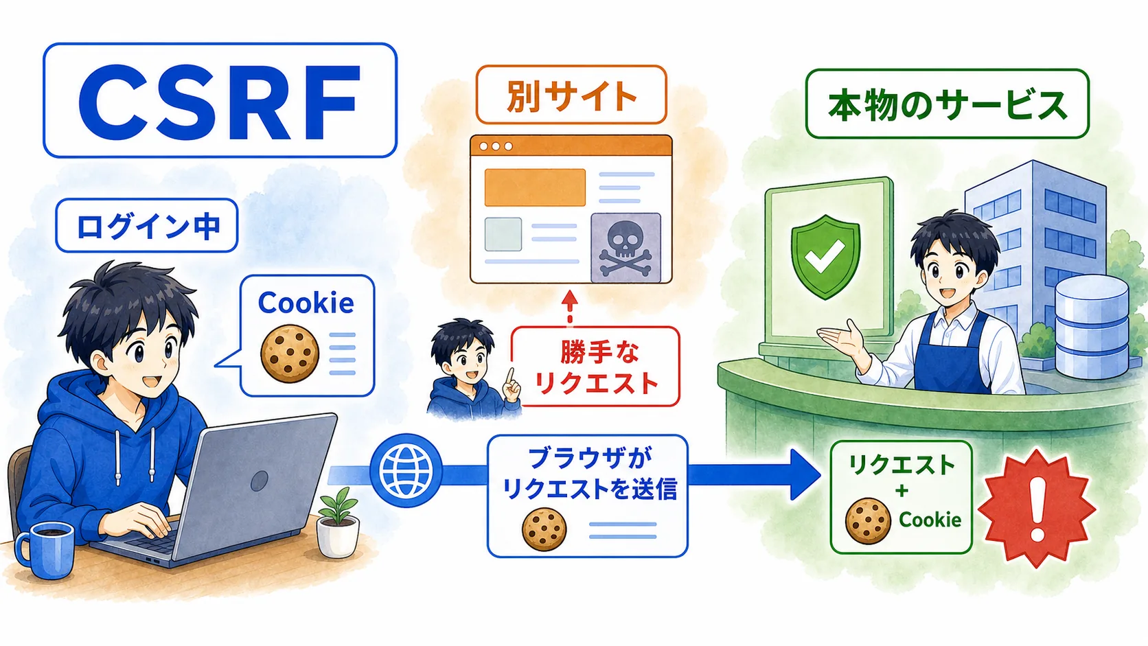 別サイトがログイン中の利用者のブラウザに勝手なリクエストを送らせる流れ