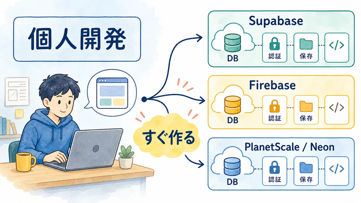個人開発でSupabase、Firebase、PlanetScale、NeonなどのDBサービスを選ぶ様子