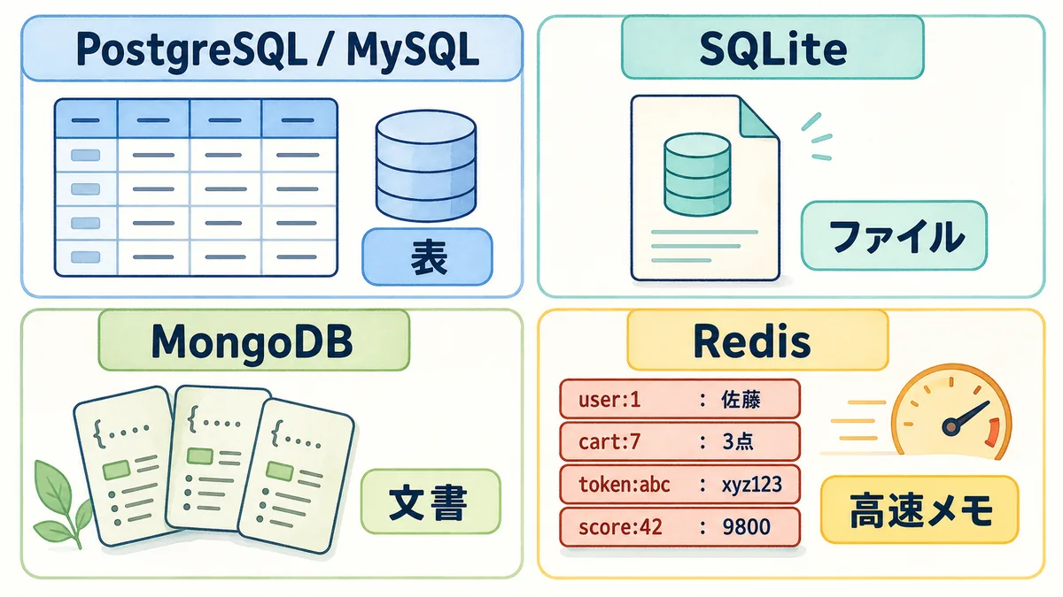 PostgreSQLやMySQL、SQLite、MongoDB、RedisなどWeb開発で使われるDBの種類