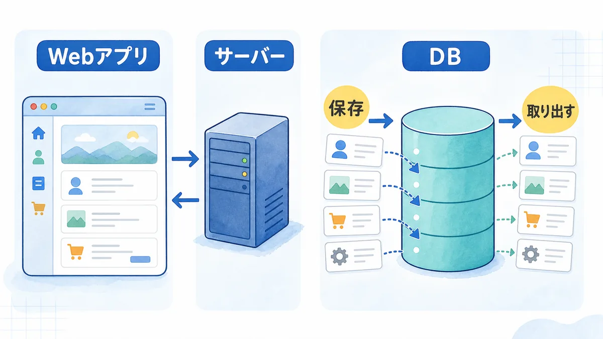 Webアプリがサーバーを通してDBへデータを保存し、必要なときに取り出す様子