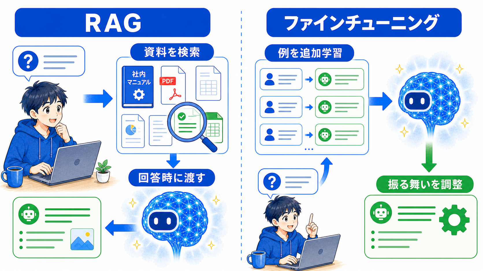 回答時に資料を渡すRAGと、例を追加学習して振る舞いを調整するファインチューニングの比較