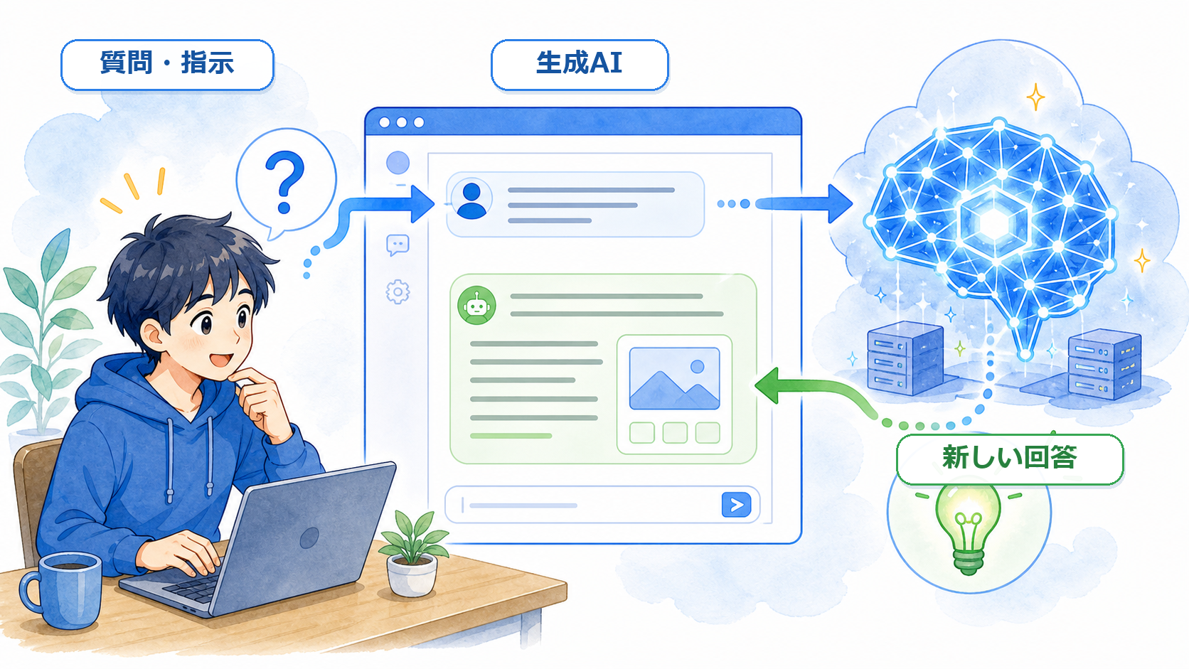 利用者が質問を入力し、生成AIが新しい回答を作って返す様子
