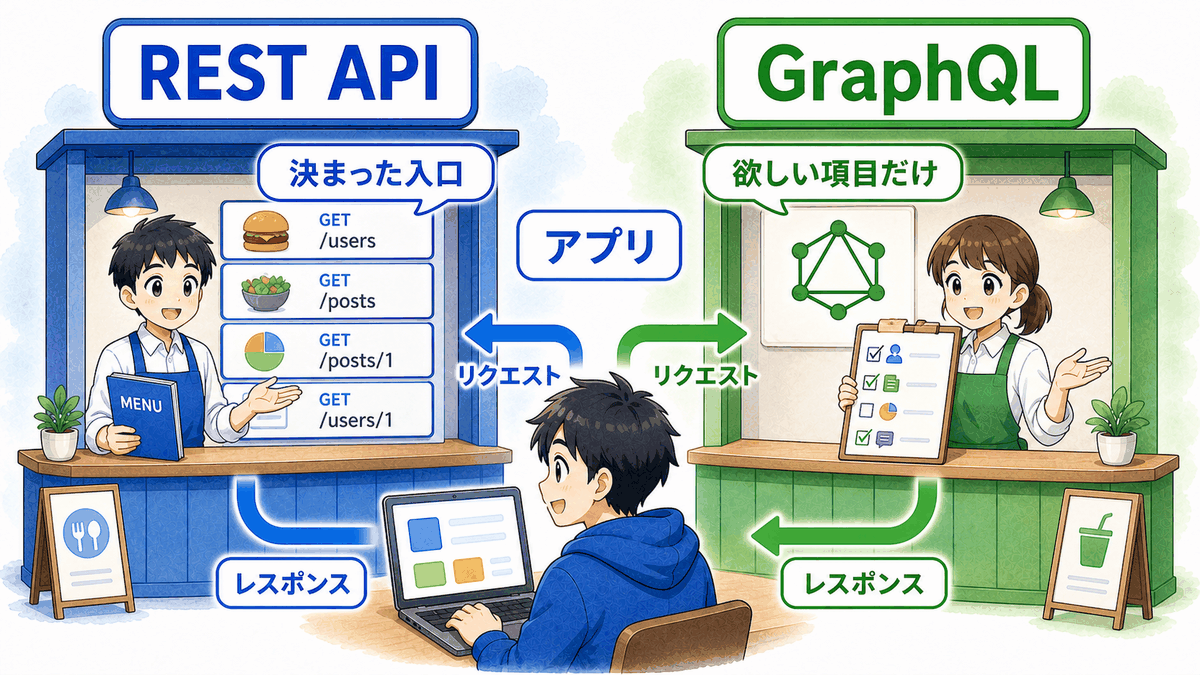 REST APIは決まった入口へリクエストし、GraphQLは欲しい項目だけを指定してリクエストする違いを示した図解