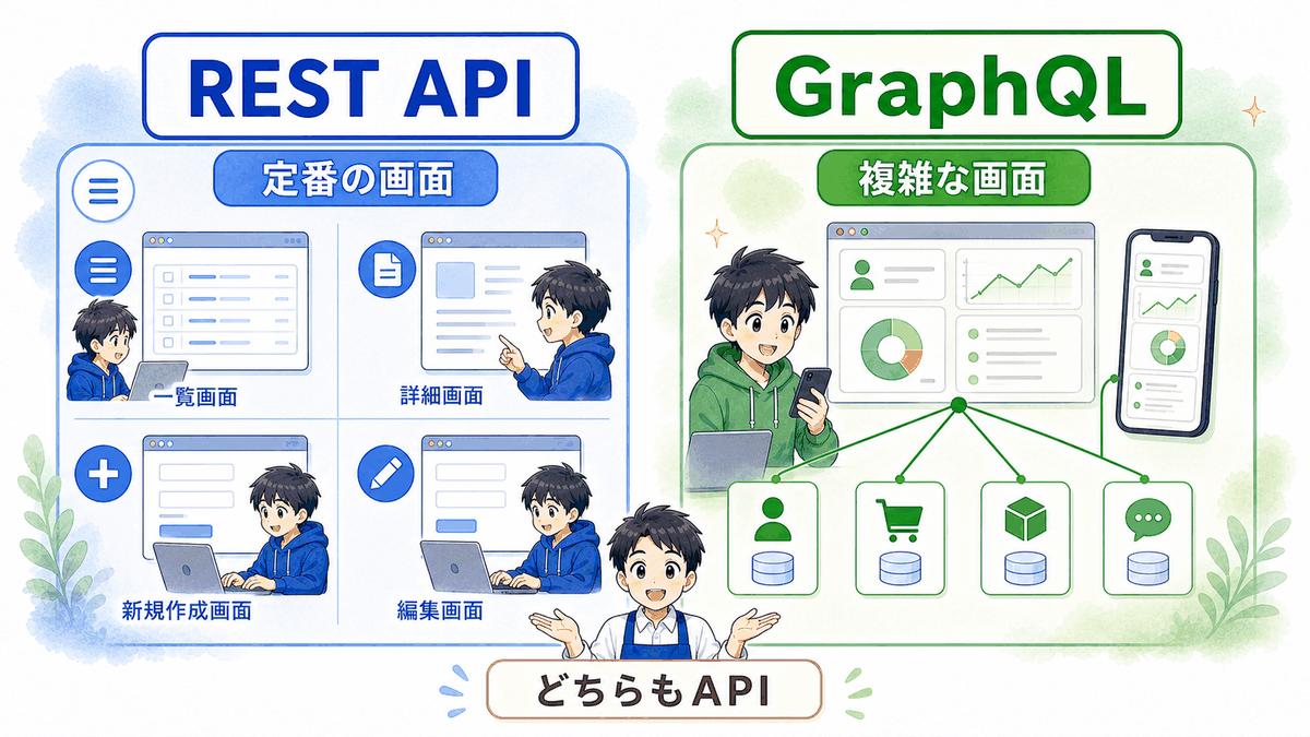 REST APIは定番の画面、GraphQLは複雑な画面に向いていることを比較した図解