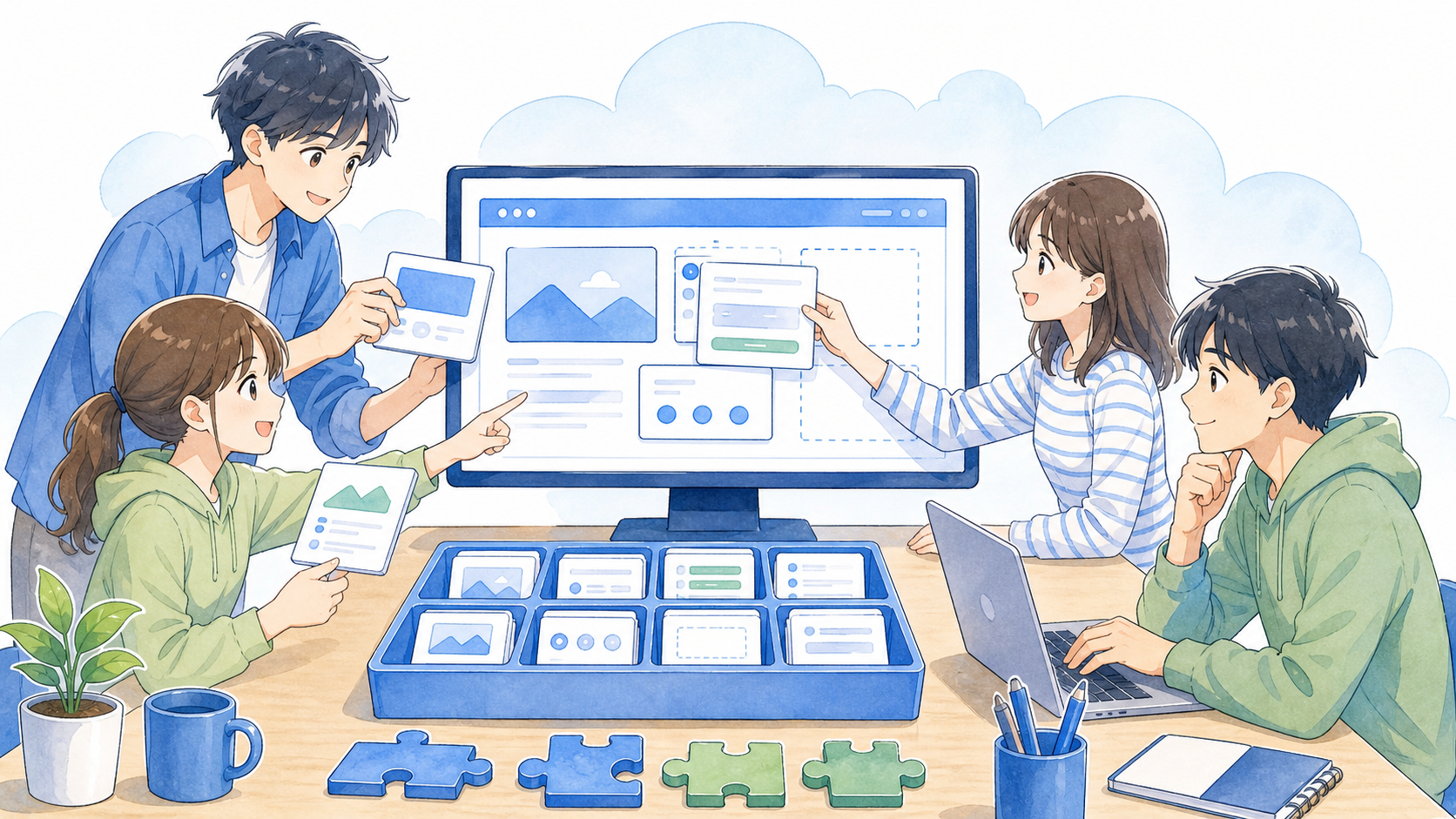 開発チームが共通のUI部品を組み合わせてWebアプリを作る様子