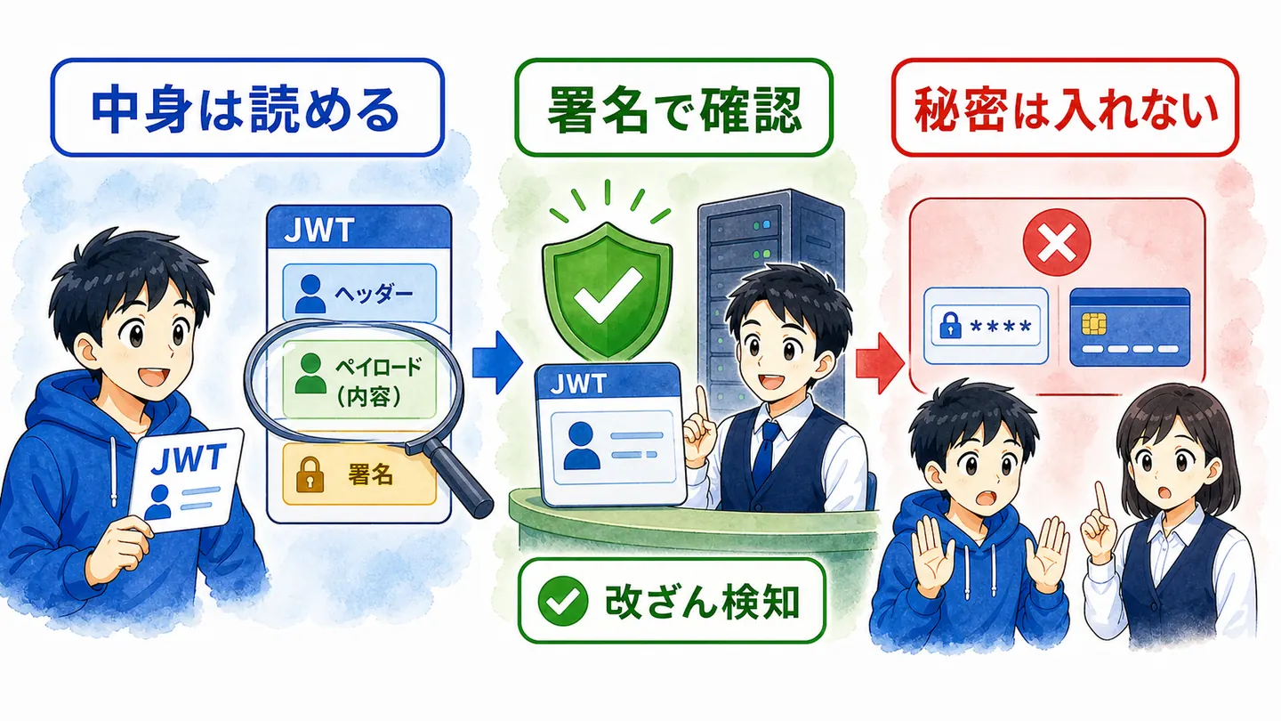 JWTは中身が読めるため秘密情報を入れず、署名で改ざん検知をすることを示した図解