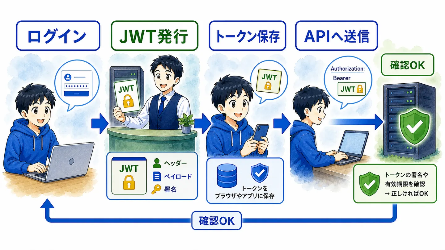 ログイン後にJWTが発行され、ブラウザやアプリに保存され、APIへ送信されてサーバーが確認する流れ