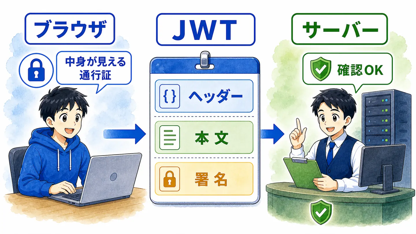 ブラウザがJWTを持ち、JWTのヘッダー、本文、署名をサーバーが確認している図解