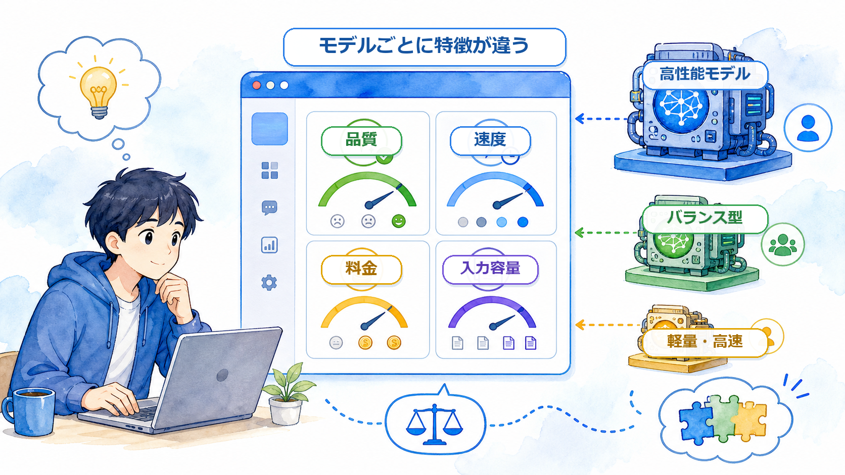 複数のLLMが品質、速度、料金、入力容量など異なる特徴を持つ様子