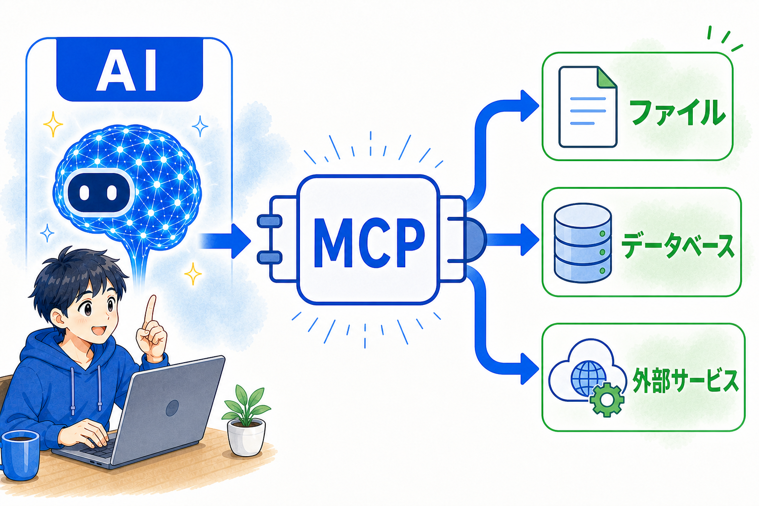 AIがMCPを通してファイル、データベース、外部サービスにつながる様子