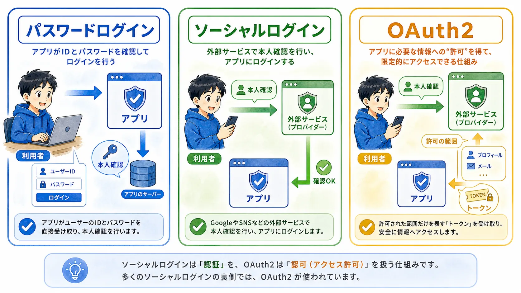 パスワードログイン、ソーシャルログイン、OAuth2の役割を比較した図解