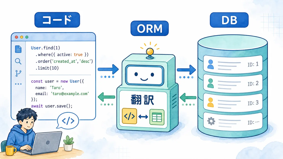 コードとDBの間にORMが入り、データのやり取りを翻訳する様子