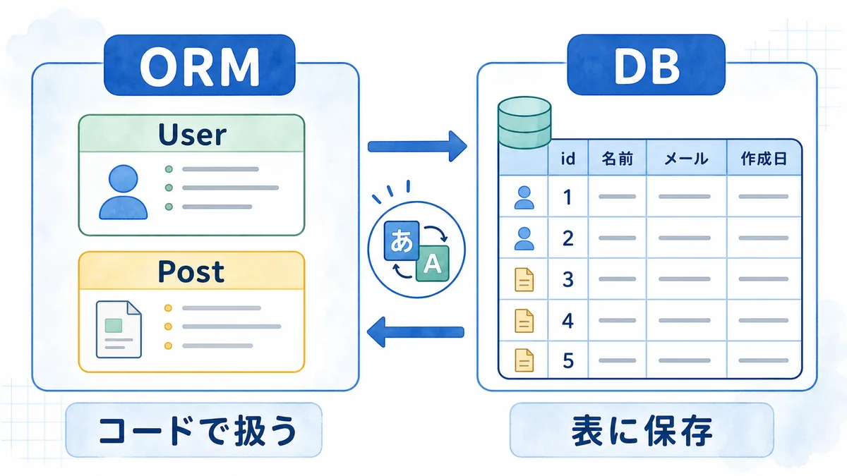 ORMがUserやPostのようなコード上のデータとDBの表を対応させる図