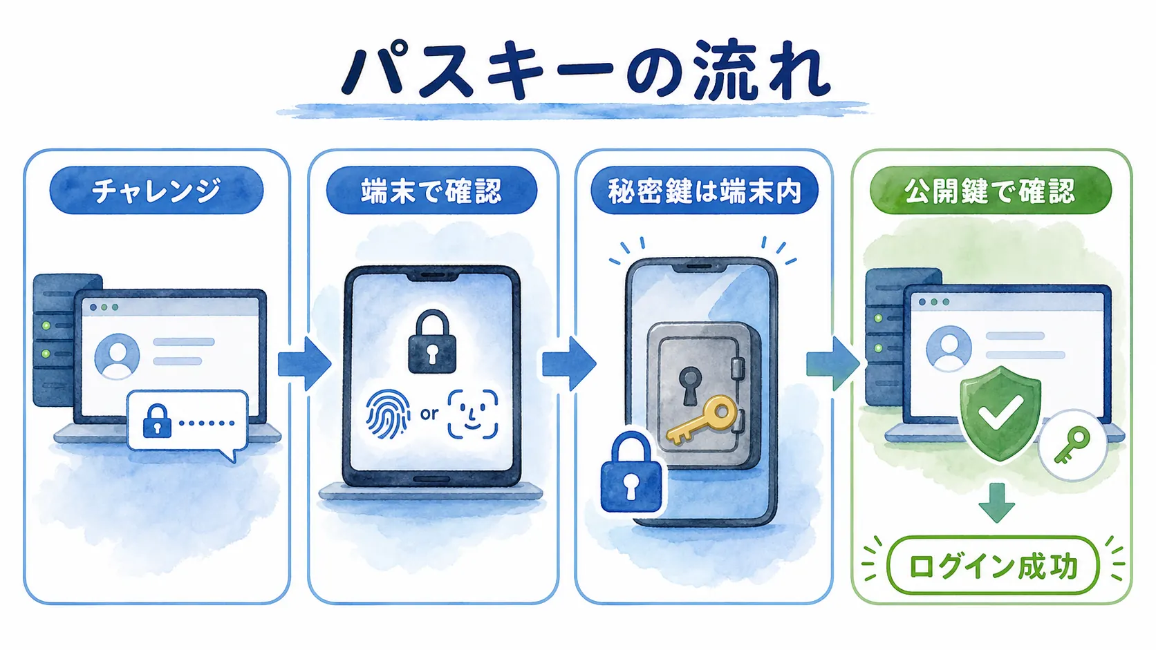 サービスのチャレンジに対して端末で本人確認し、秘密鍵は端末内に残したまま公開鍵で確認してログイン成功するパスキーの流れ