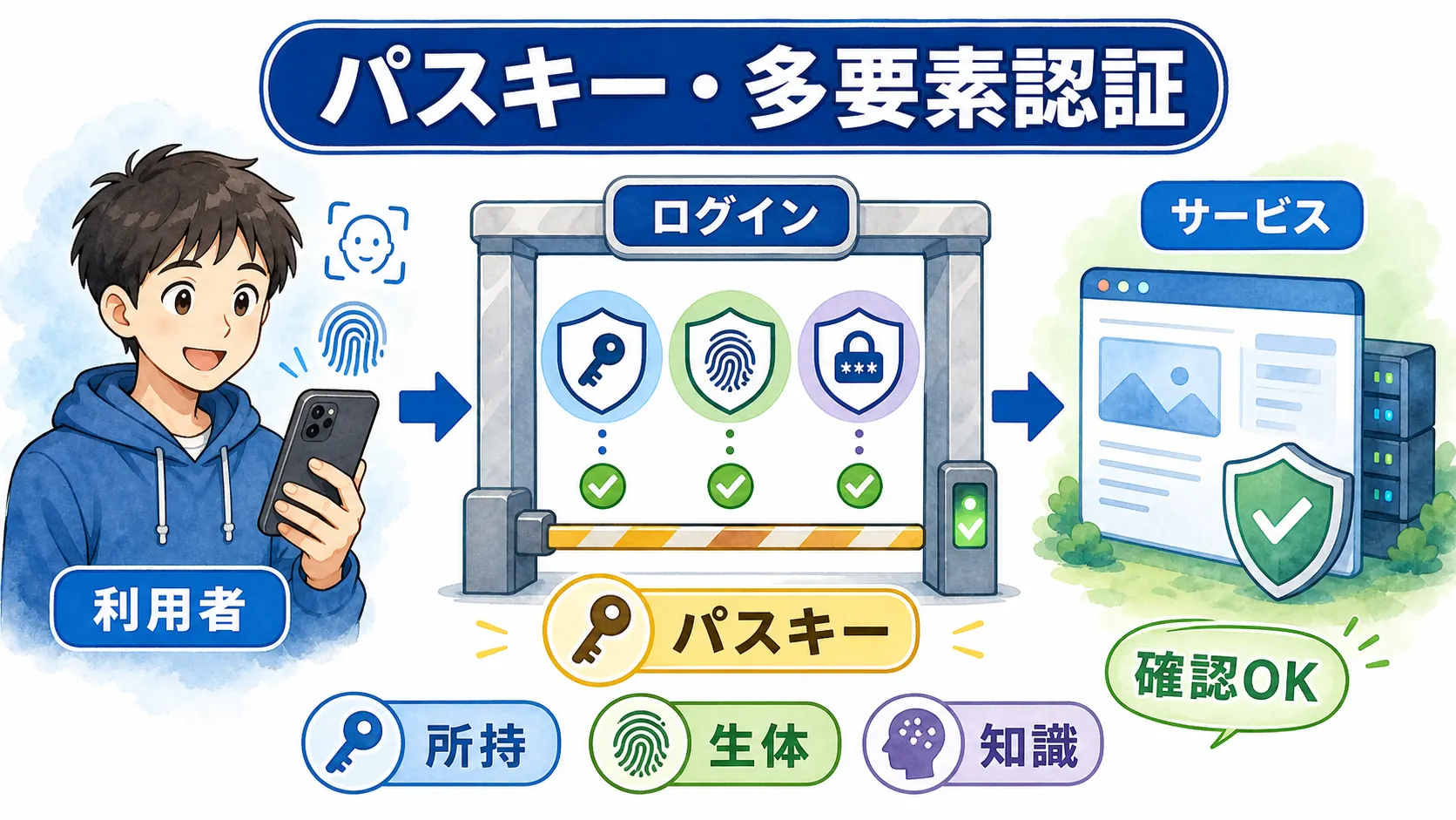 利用者がスマートフォンのパスキーと多要素認証でログインし、サービスが確認OKになる全体像