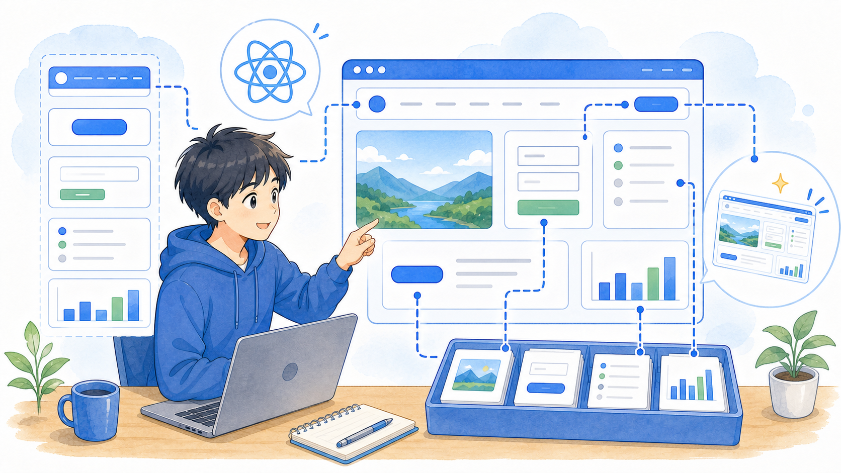 開発者が再利用できるUI部品を組み合わせてWebアプリ画面を作る様子