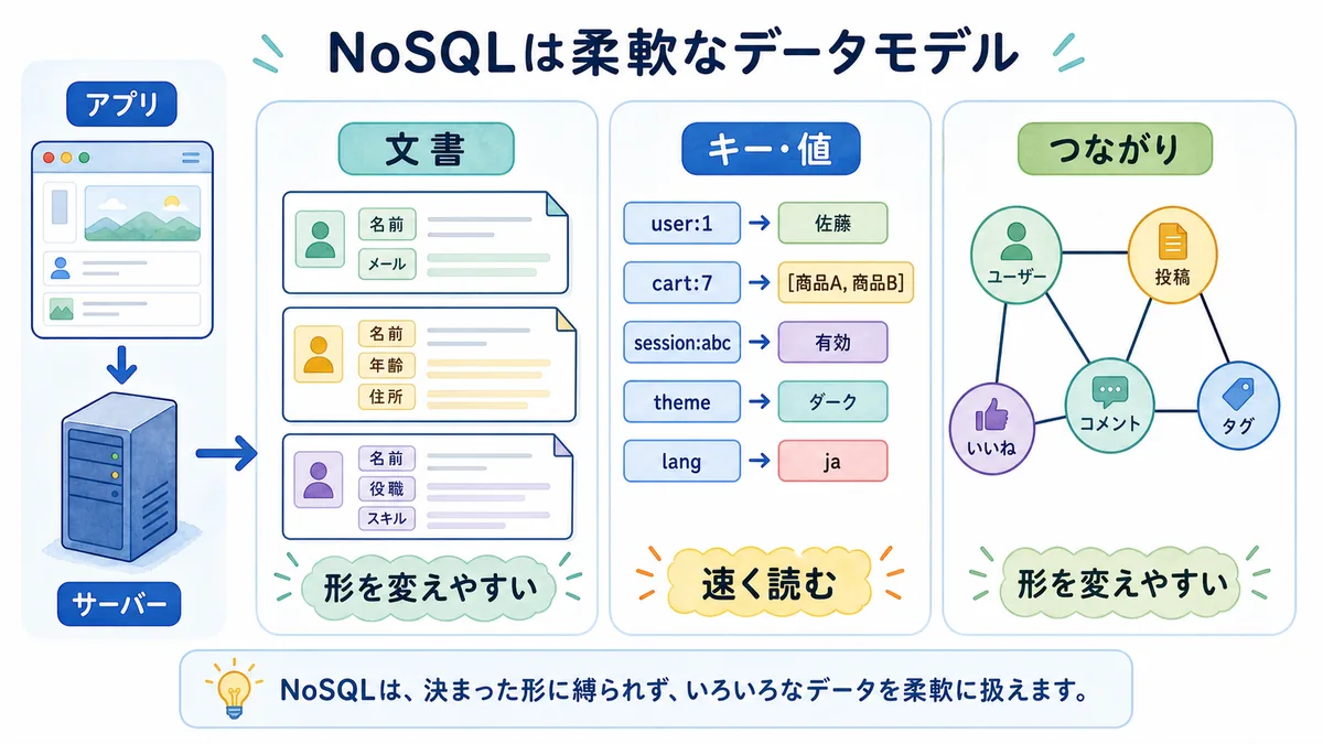 NoSQLが文書、キー・値、つながりなど柔軟なデータモデルを扱う図