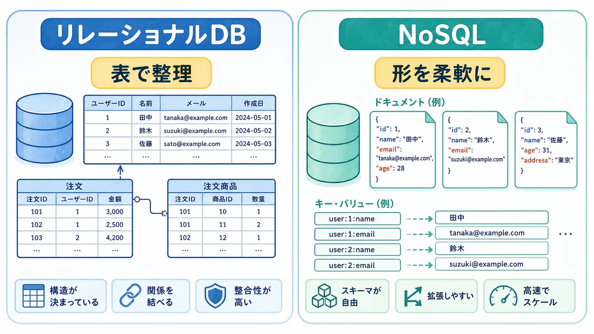リレーショナルDBは表で整理し、NoSQLは文書やキー・値など柔軟な形でデータを扱う比較図