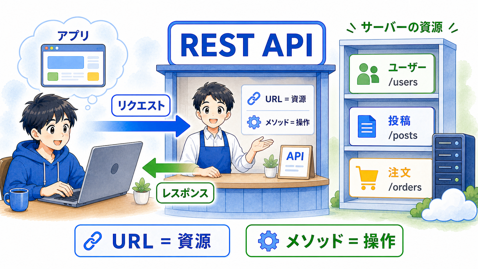 REST APIではURLで資源を指定し、メソッドで操作を伝えることを示した図解
