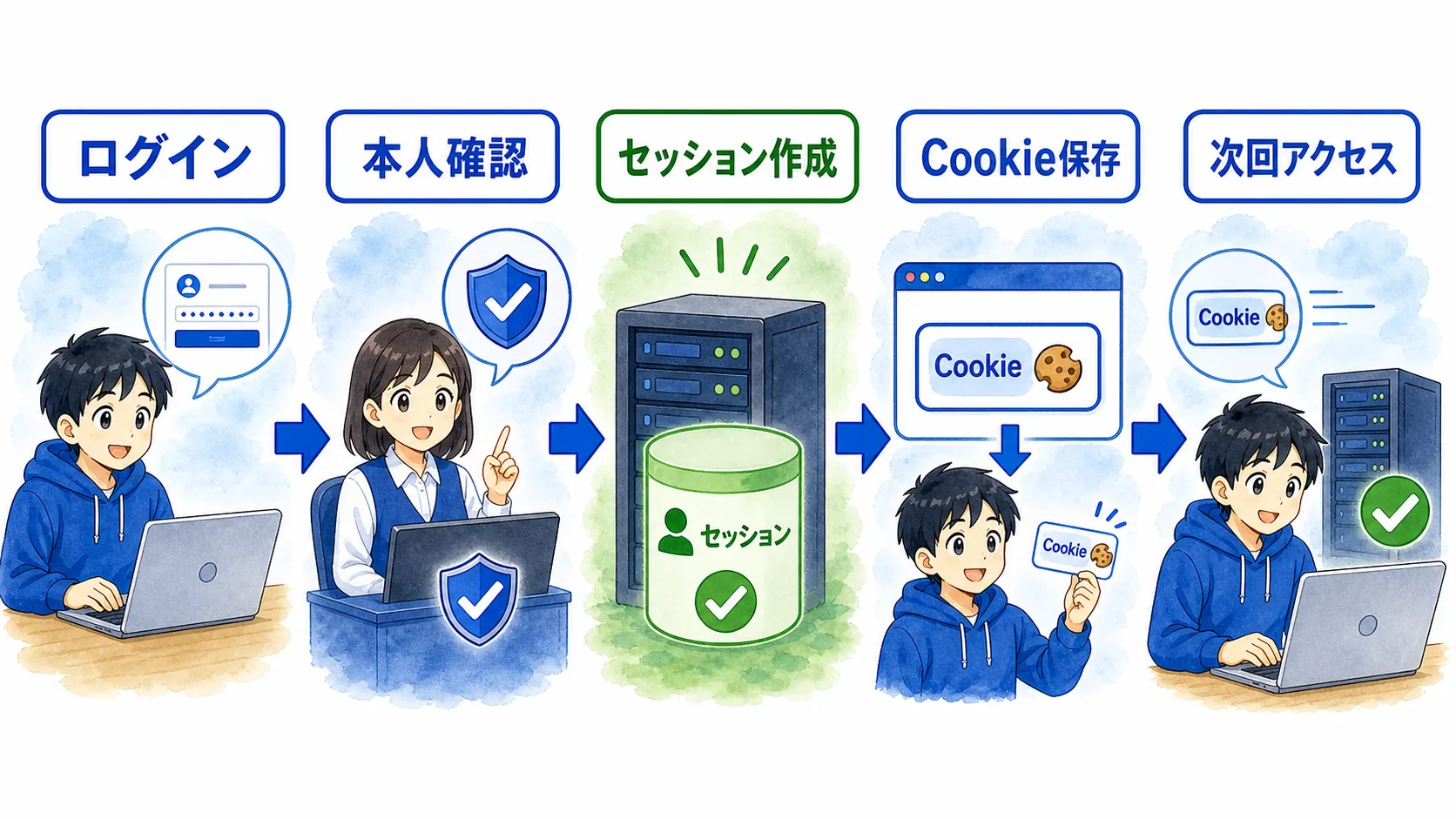 ログイン成功後にサーバーがセッションを作り、ブラウザがCookieを保存して次回アクセス時に自動送信する流れ