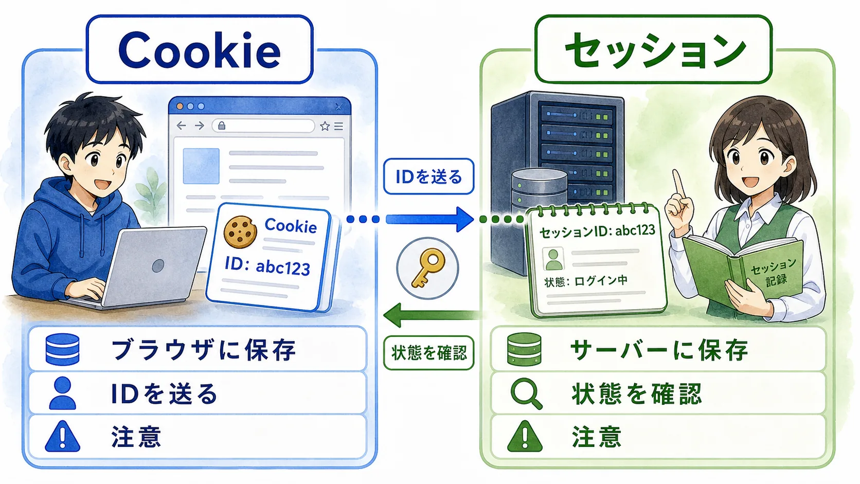 Cookieはブラウザに保存される小さなデータ、セッションはサーバーに保存される状態情報として比較した図