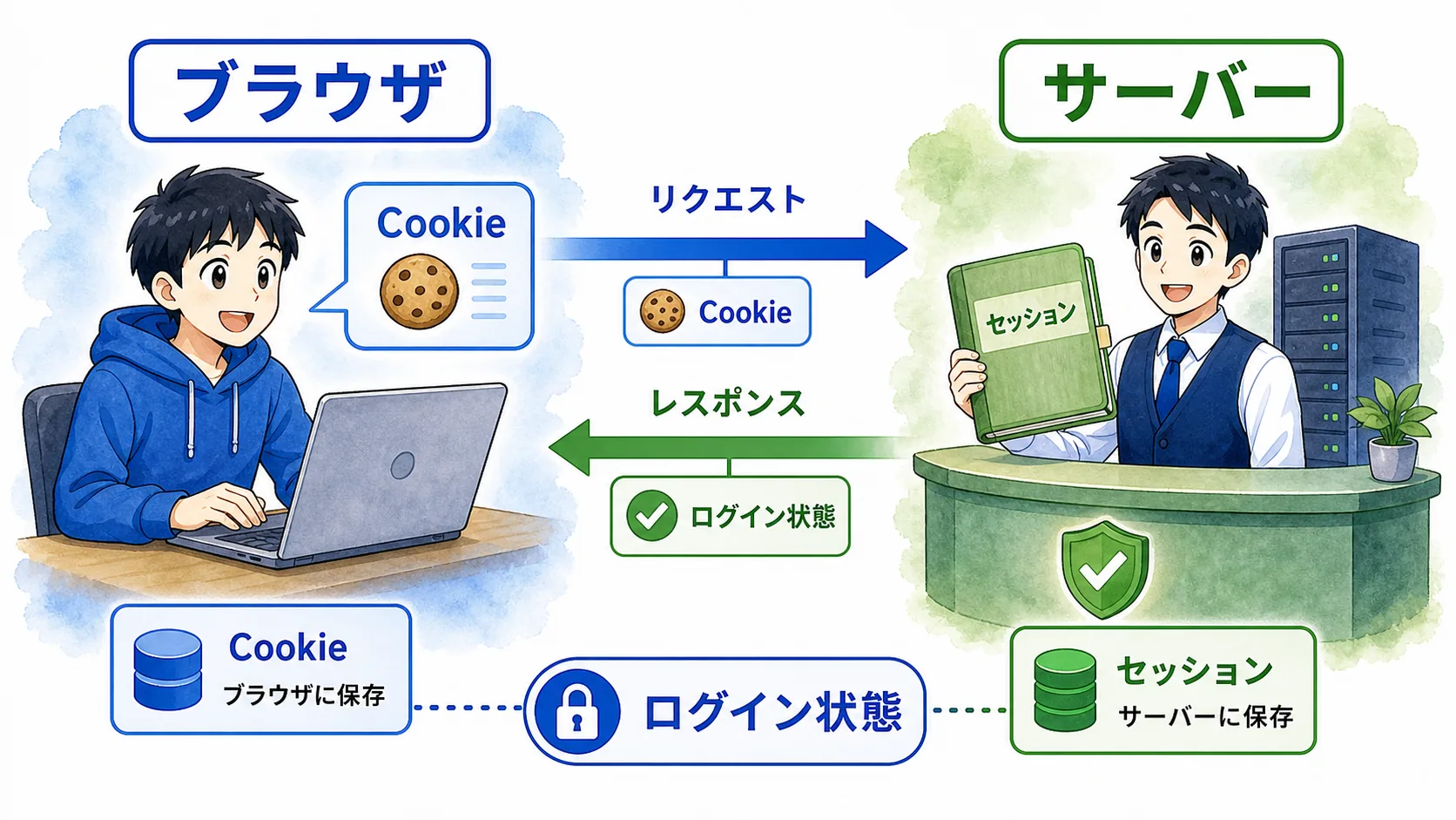 ブラウザがCookieを保存し、サーバーがセッション情報を保存してログイン状態を判断する全体像