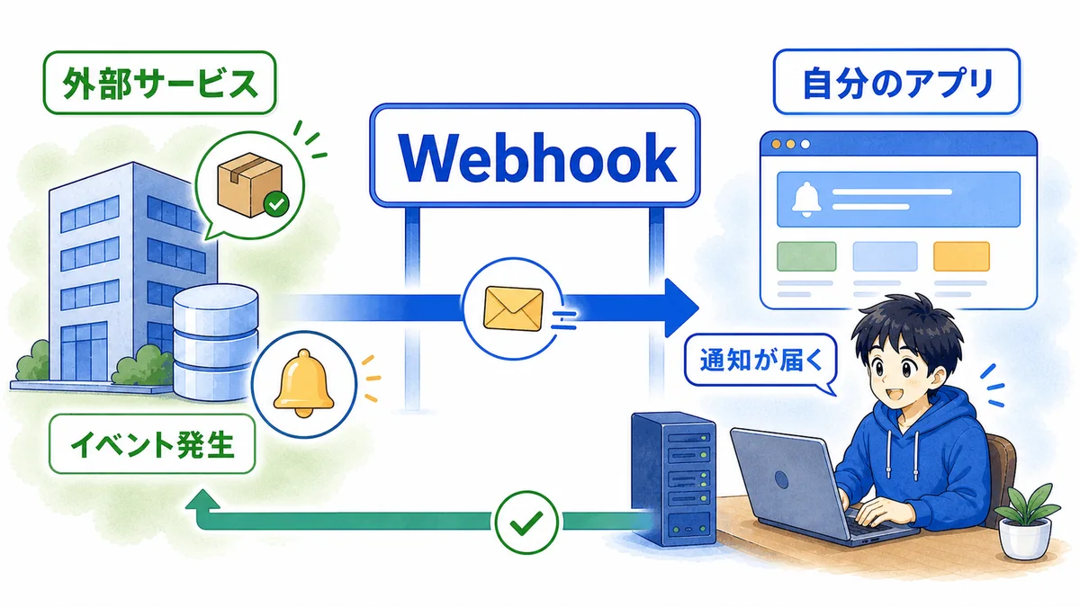 外部サービスでイベントが発生し、Webhookによって自分のアプリへ通知が届く様子