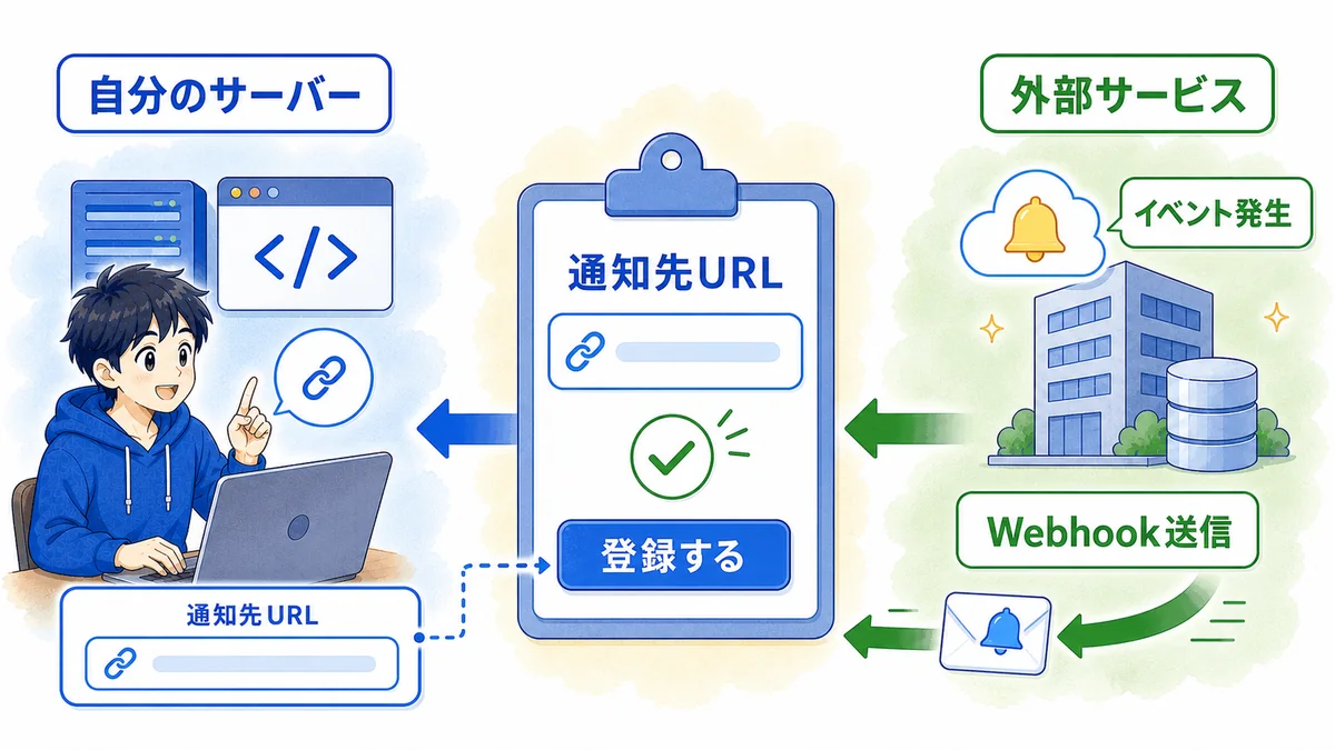 自分のサーバーで通知先URLを用意し、外部サービスに登録してWebhook通知を受け取る流れ
