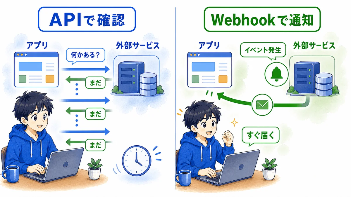 APIで何度も確認する方法と、Webhookでイベント発生時に通知が届く方法を比較した図解